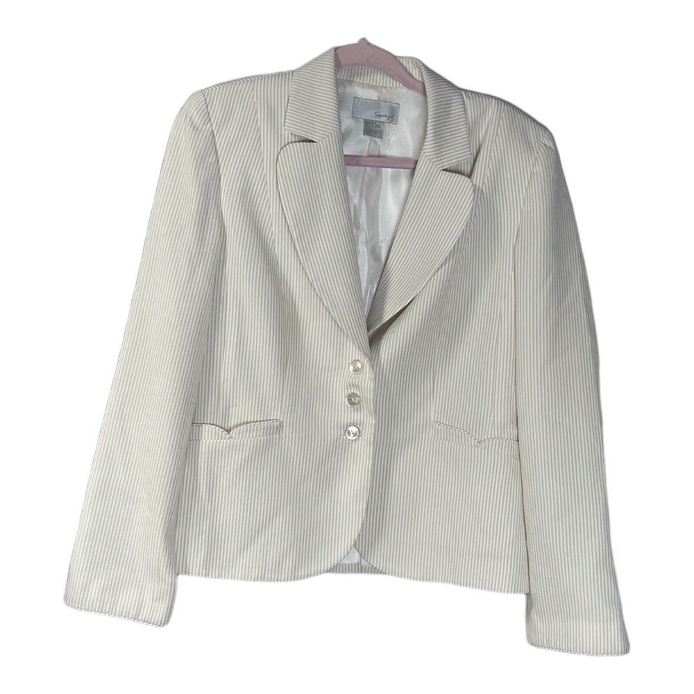 Spiegel Blazer Jacket Womens Size 12 Beige/White Pinstripe Unique Details